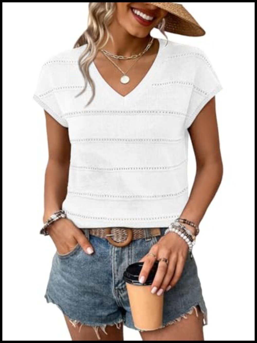 Women's V Neck Short Sleeve Knit Sweater Top Business Casual Blouse